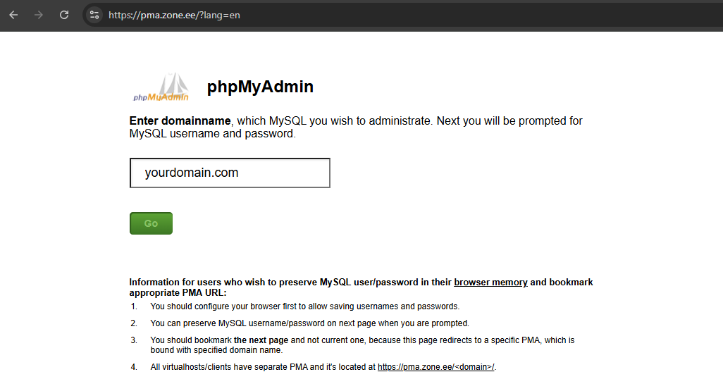 logging into phpMyAdmin