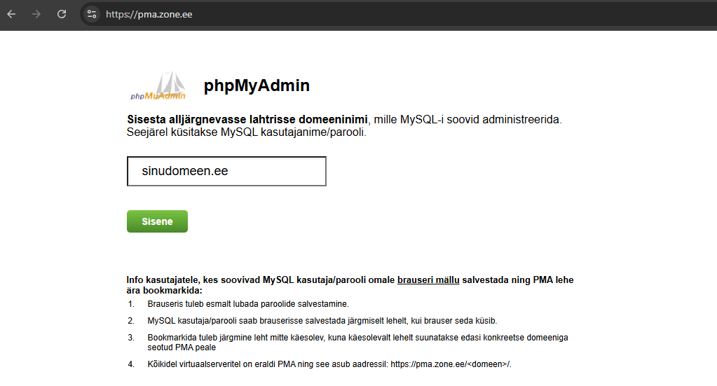 phpMyAdmin keskkonda sisselogimine