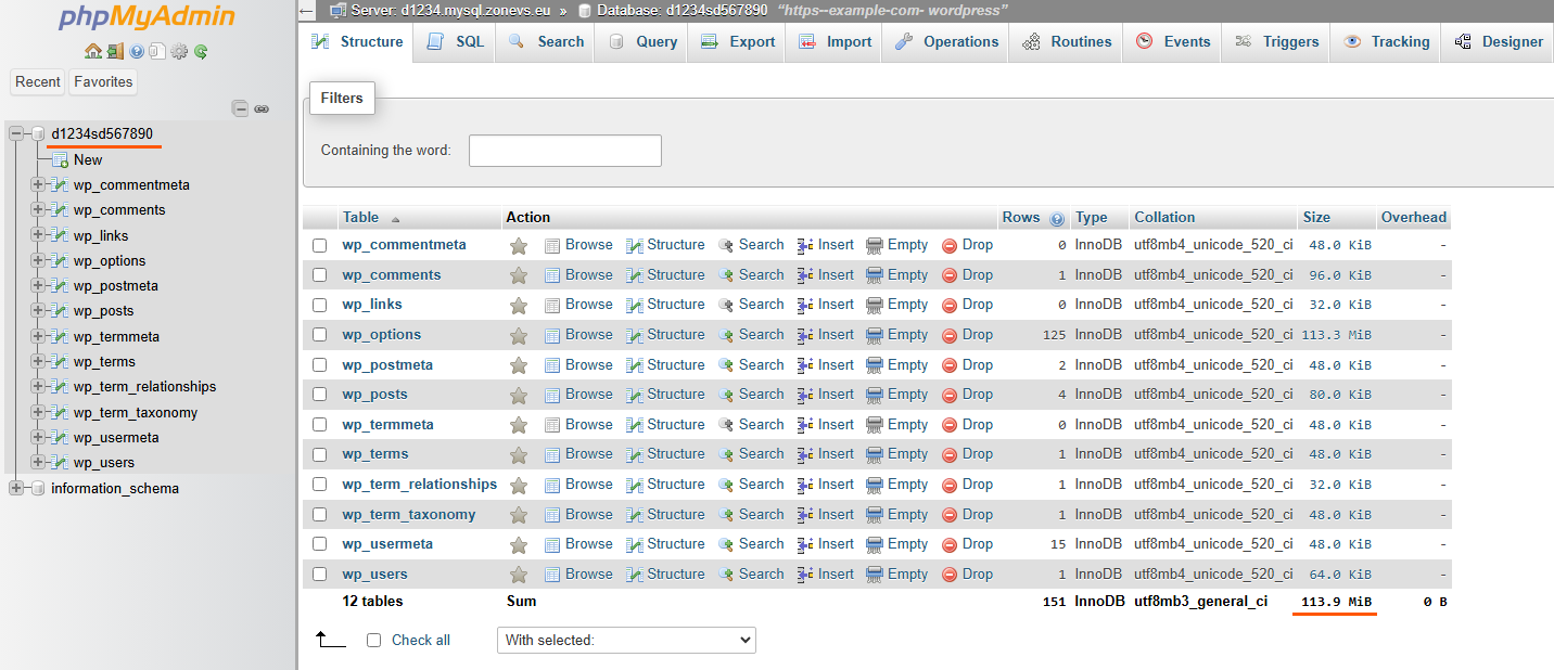 phpMyAdmin - Database Tables