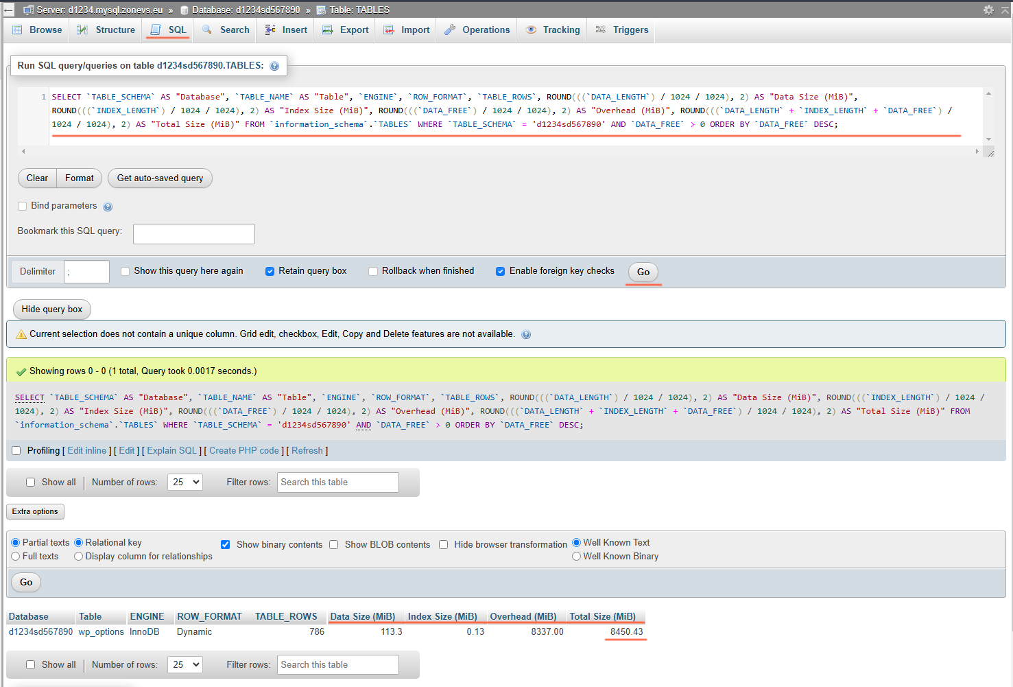 phpMyAdmin - SQL query: SELECT al sizesl and total size