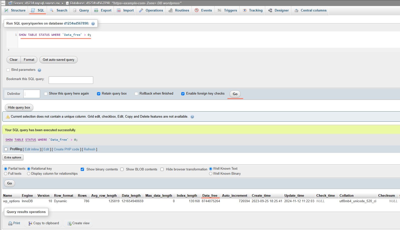 phpMyAdmin - SQL query: SHOW TABLE STATUS